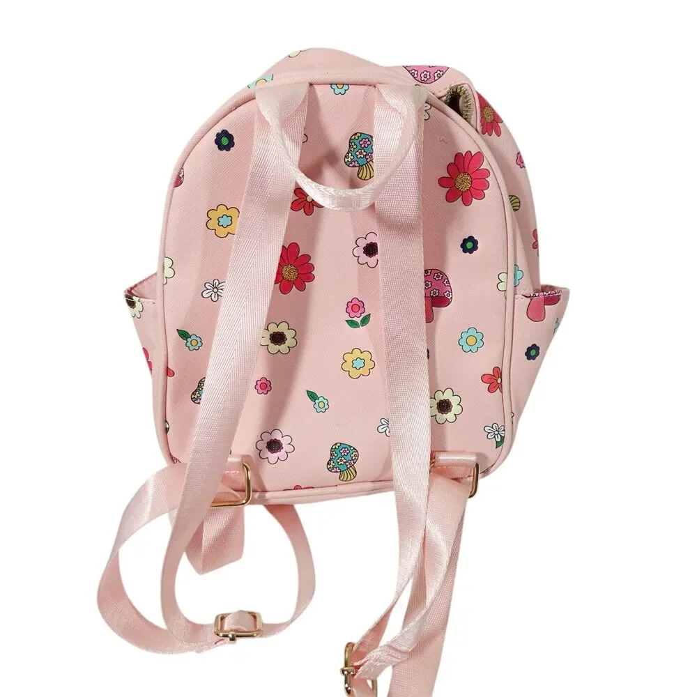 LS Live In Style Pink Mini Backpack Retro Floral & Mushroom Print Cute
